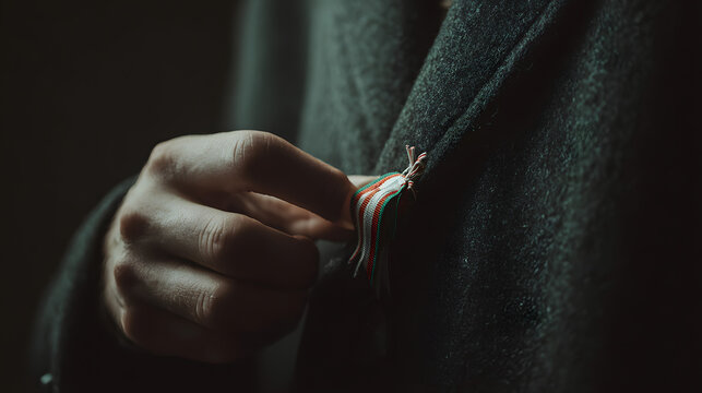Concept of Hungary Revolution  A person's hand subtly adjusts a red, white, and green ribbon, possibly a national symbol or award, pinned to the dark lapel of a coat or jacket, indicating preparation