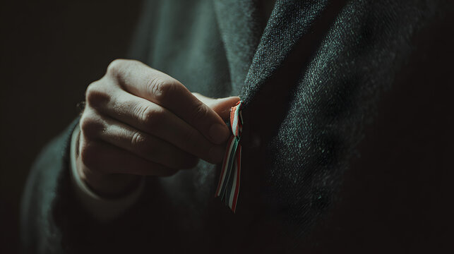 Concept of Hungary Revolution  A person's hand subtly adjusts a red, white, and green ribbon, possibly a national symbol or award, pinned to the dark lapel of a coat or jacket, indicating preparation