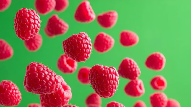 Ripe raspberries are suspended in mid-air against a vibrant green background