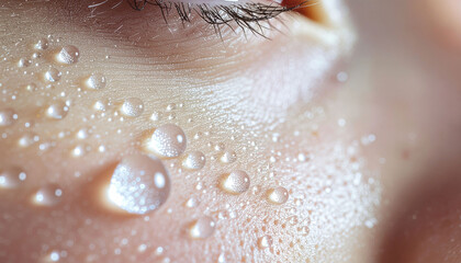 Fototapeta premium Close up of human skin with water droplets on cheek near eye glistening with moisture and natural light