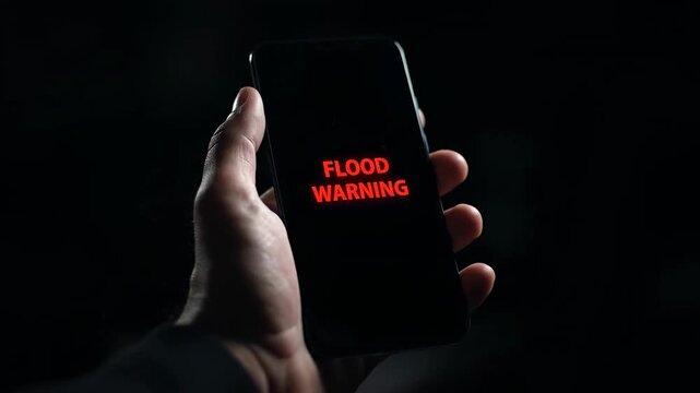 A hand holding a smartphone displaying a red "FLOOD WARNING" message on a dark screen, indicating an urgent natural disaster alert.