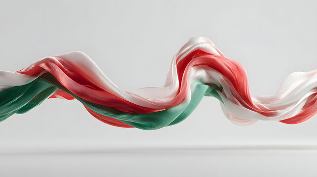 Hungary Revolution  Smooth, flowing ribbons of fabric in red, green, and white colors elegantly undulate and twist horizontally across a bright, minimalist background, creating a dynamic and abstra