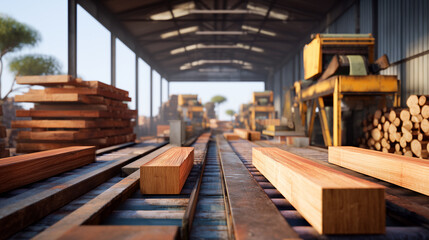 Timber planks on sawmill conveyor rail, stacked lumber, yellow machinery, open industrial shed, warm sunlight, wood processing production line, horizontal view.
