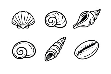 Seashell Icons Set Marine Mollusks Vector Line Art Illustration