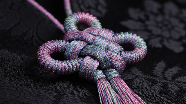 Intricate Traditional Chinese Knot with Iridescent Multi-colored Tassel on Elegant Black Patterned Fabric