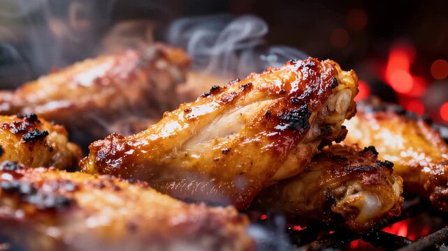 Grilled Chicken Wings with Smoke and Fire Closeup