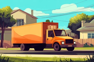 Bright Orange Delivery Truck in Residential Neighborhood Scene