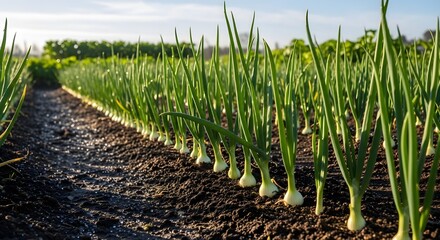 Naklejka premium Fresh green leeks on the vine in a sunny garden
