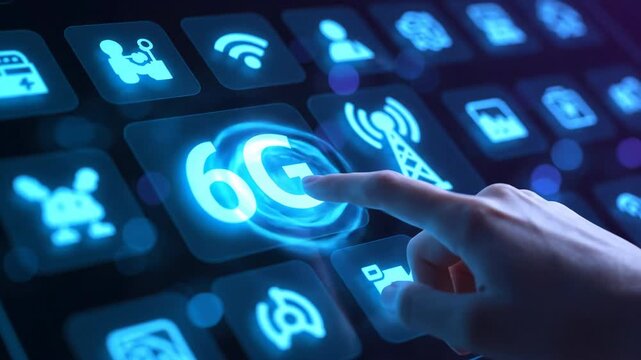 A close up of a human finger touching a bright blue glowing 6G icon on a dark futuristic digital interface filled with various application symbols and icons.