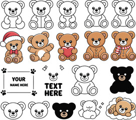 Cute teddy bears in various poses and colors for kids