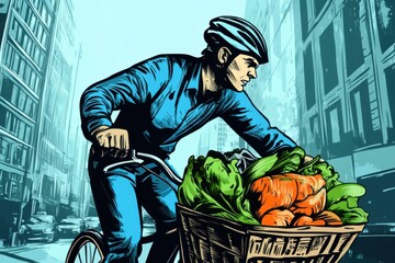 Urban Cyclist Delivering Fresh Vegetables in City Streets