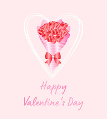 Illustration of a bouquet of roses on a light pink background.