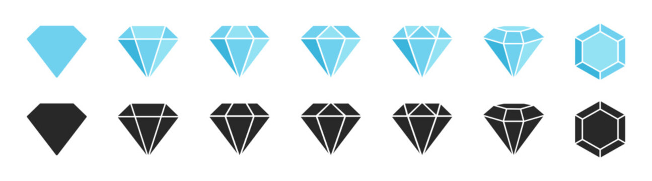 Diamond gemstone icon set in blue and black outline and solid styles vector collection of luxury crystal and jewel symbols isolated on transparent background