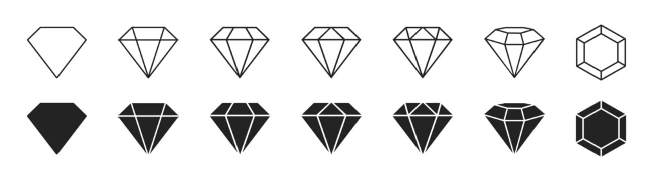 Diamond icon set in outline and solid style vector isolated graphic on transparent background