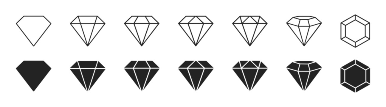 Diamond icon set in outline and solid style vector isolated graphic on transparent background