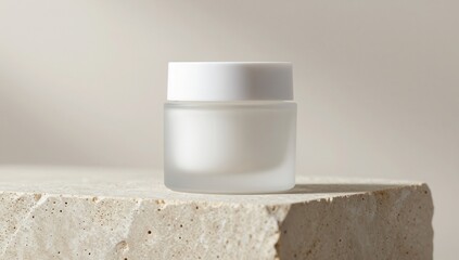 White cosmetic jar with a frosted finish on a beige stone pedestal, perfect for skincare product branding and presentation