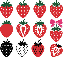 Vibrant strawberry icons in various styles and colors for design