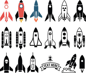 Collection of diverse rocket ship illustrations in various styles