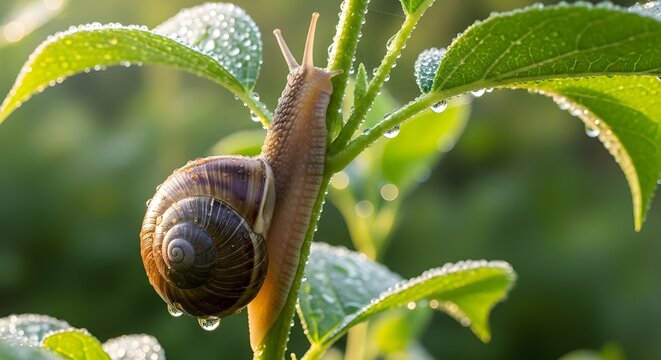 Snail climbs on the stem of a green plant