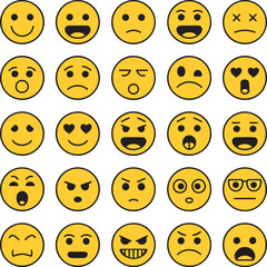 Obraz premium Collection of yellow smiley face emoticons displaying a wide range of emotions and expressions on a white background
