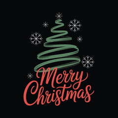 Merry Christmas greeting with swirly tree and snowflakes on black