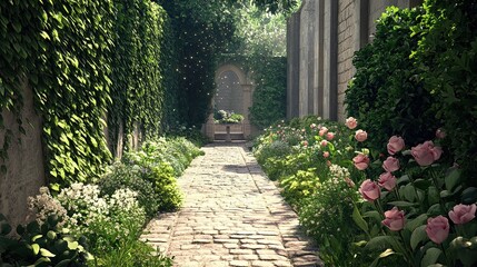Fototapeta premium A serene garden pathway lined with vibrant flowers and lush greenery invites relaxation and inspiration, Perfect for promoting nature, wellness, or outdoor products,