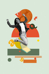 Obraz premium Vertical zine photo collage of happy girl guy student library academic book stack education learner letters vocabulary encyclopedia