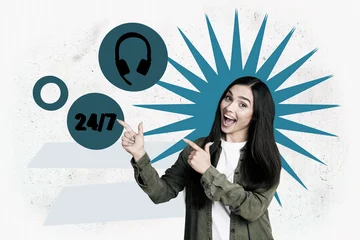 Fotobehang Onderzeeër Full 3d poster art collage of happy businesswoman stand earphones manager occupation target development helpline operator  © deagreez