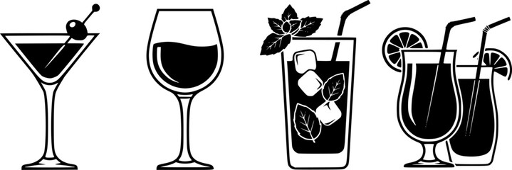 Cocktails set. Alcoholic cocktails icons. Martini cocktail. Set includes martini, mojito, whiskey, wine. Drink glass sign. Icons set for restaurant, pub, bar. Vector illustration