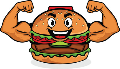 Strong Burger Mascot Flexing Muscles Cartoon Fast Food Character Illustration