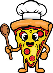Cute Pizza Chef Mascot Cartoon Character Holding Wooden Spoon Isolated on White Background