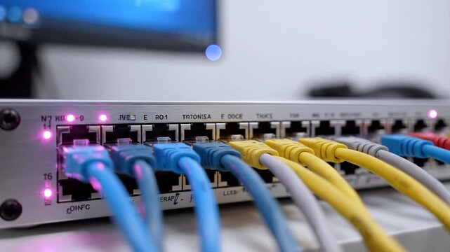 Network router with ethernet cables connected in office setup