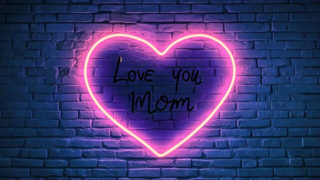 Pink neon heart with love you mom text glowing on brick wall in motion animation