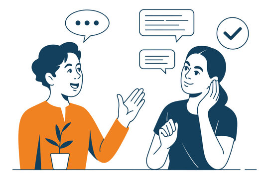 Active listening illustration featuring empathetic woman and speaking man representing dialogue, support, coaching, and psychological understanding