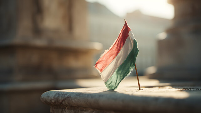 Hungary Revolution Day A small Hungarian flag on a stick, standing upright on a stone surface with historical buildings in soft focus behind it, illuminated by warm sunlight, signifying national ident