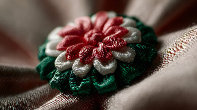 Hungary Revolution Day A macro photograph of a decorative floral element crafted from fabric in the Hungarian national colors of red, white, and green, showcasing intricate craftsmanship and national 