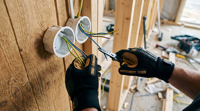 Electrician installing electrical outlets in wooden wall during renovation