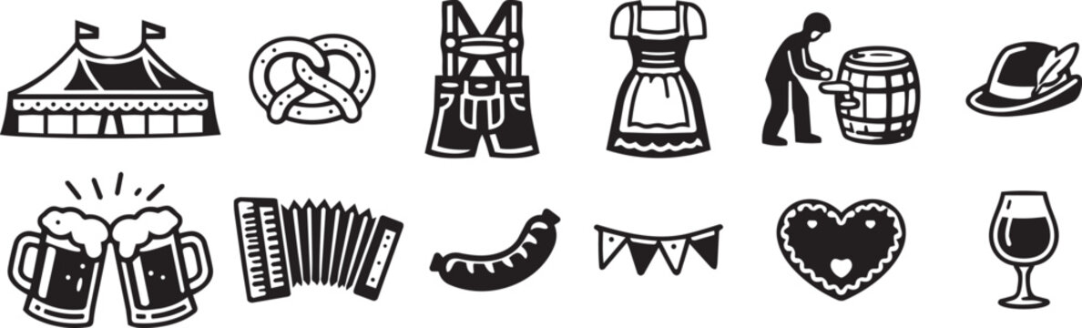 Oktoberfest and Bavarian Beer Festival Icons in Black and White Line Art