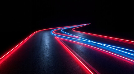 Futuristic neon road design with glowing red edges and blue center lines on glossy dark surface. Dynamic abstract background symbolizing speed, motion, and high-tech digital aesthetics