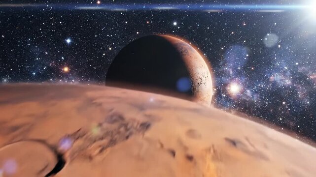 Orbital view of Mars with polar ice cap and craters against a starfield