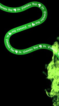 Animation featuring curved shamrock ribbon and green flames on black background, seamless St. Patrick&rsquo;s Day loop