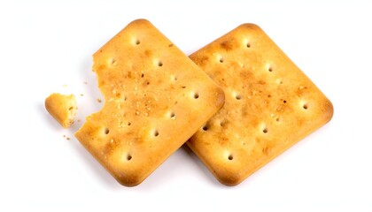Two crackers, one with bite missing, against white backdrop, simple composition