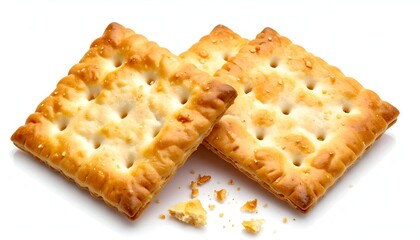 Three golden, square crackers with perforated holes and crumbs on a white surface