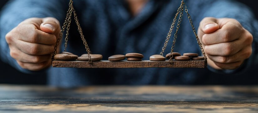 Man Weighing Stones on Scales, Wooden Table, Decision