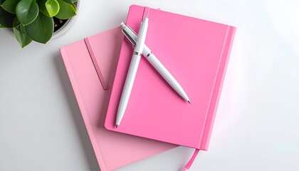Two pink notebooks, pen, and potted plant on white surface, aerial view