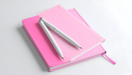 Stacked pink notebooks and pens. Office/study items on a white background
