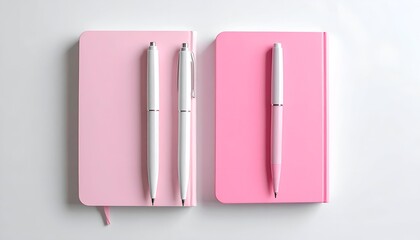 Pink journals with white pens aligned on a white surface, minimalist style