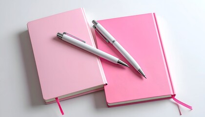 Two pink notebooks and two white pens are arranged on a white surface