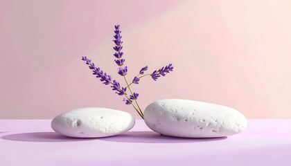 Lavender stem rests on two white stones against pastel lavender background