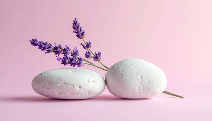 Lavender sprig rests atop two textured, white stones on a pastel pink surface